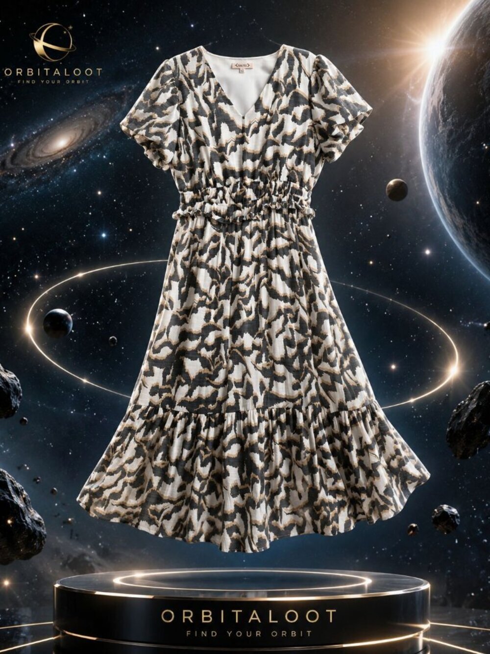 Nanette Lepore Animal Print V Neck Puff Sleeve Casual Chic Boho Midi Dress